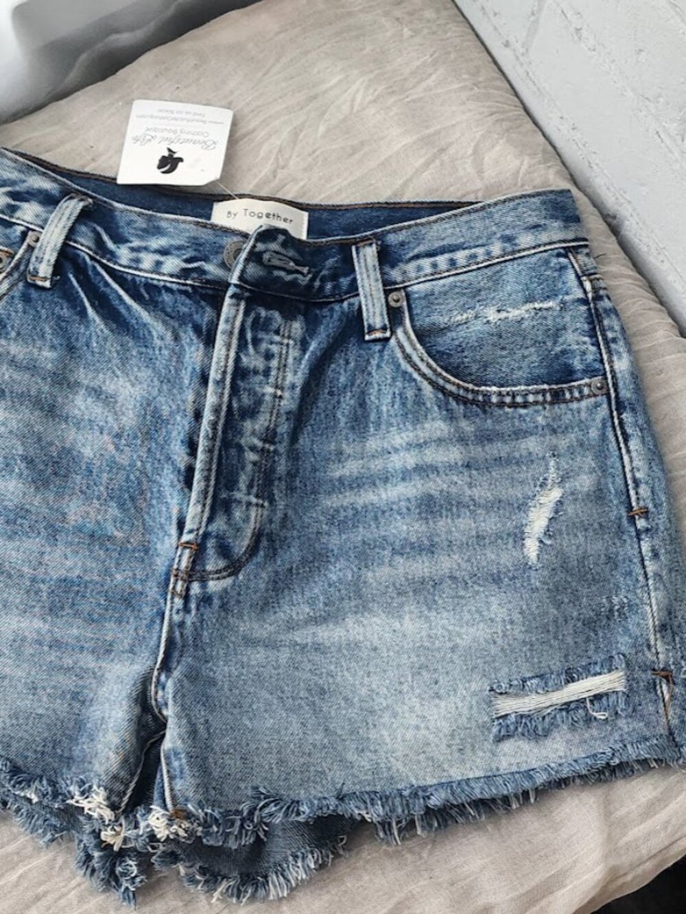 By Together Denim Shorts Women's Large Light Wash Distressed Frayed Hem Button